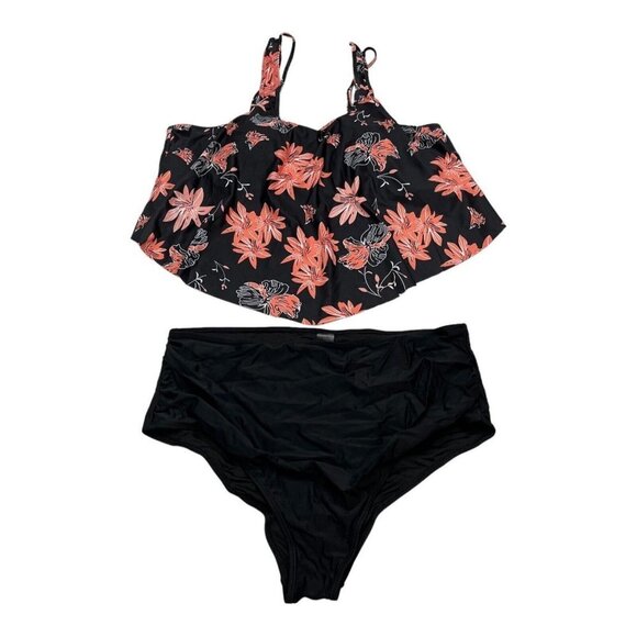 Duostick Womens XXL Flounce Top Tankini‎ Swimwear Bathing Suit High Waist Floral - Picture 1 of 5